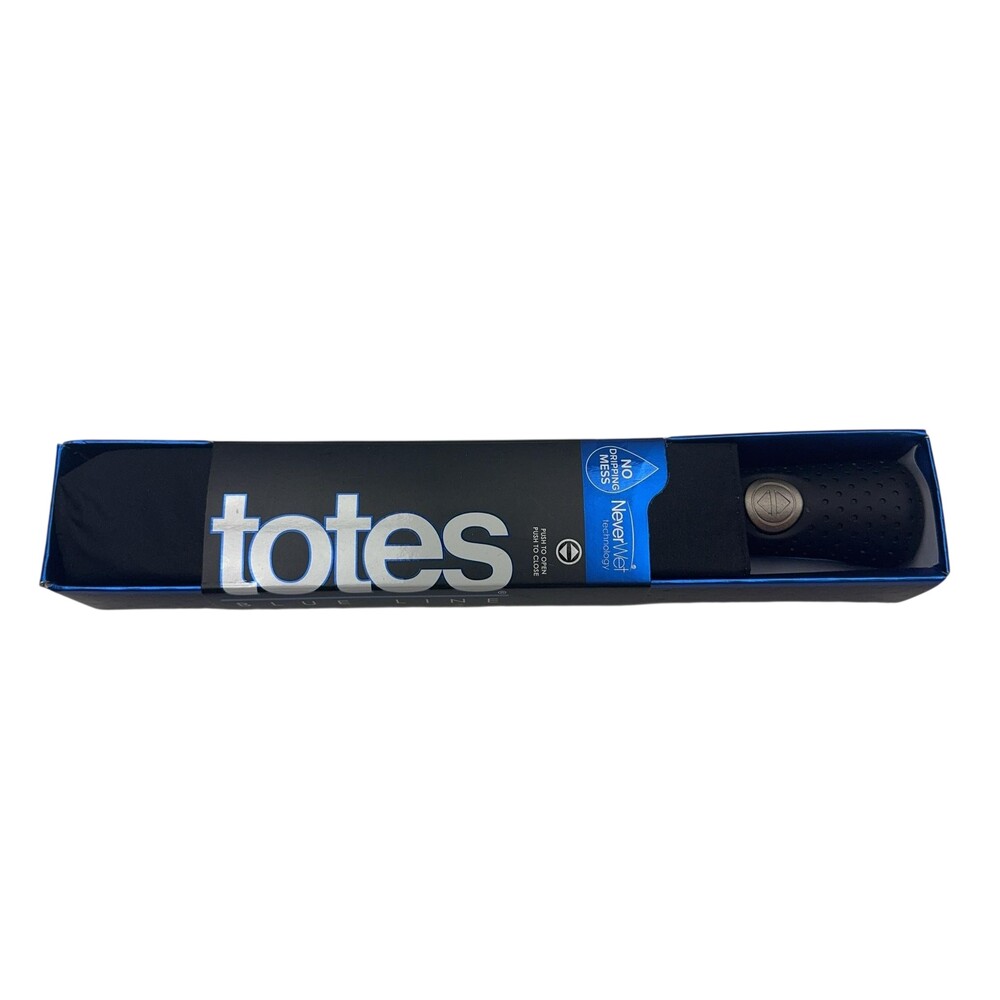 Totes Compact Folding Umbrella One Size Black NeverWet Automatic Blue Line